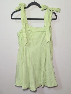 Mable Linen-Cotton Tie-Strap Summer Dress Light Green Cottagecore Women's Size M